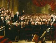 Oil painting of William Smeal addressing the Anti-Slavery Society at their annual convention